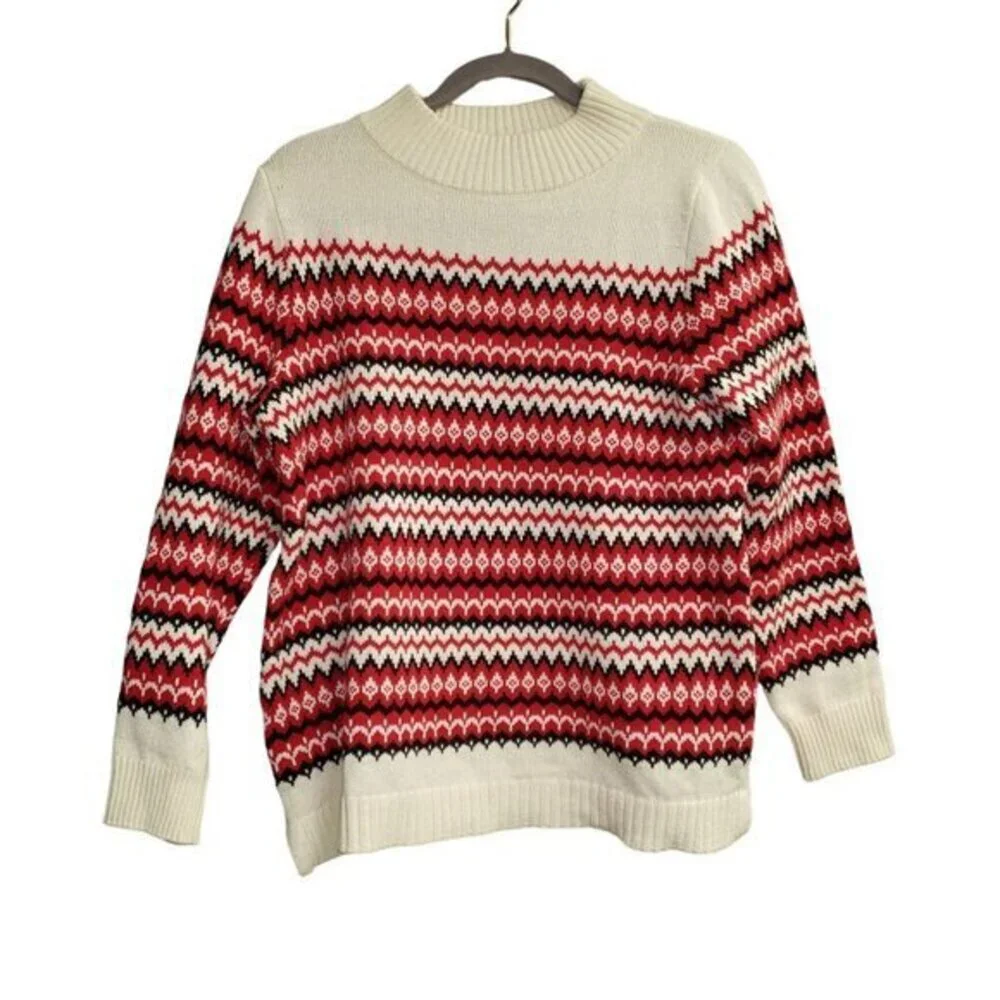 Talbots Wool Blend Fair Isle Ribbed Sweater Womens Size LP Red Black Ivory Pre-O